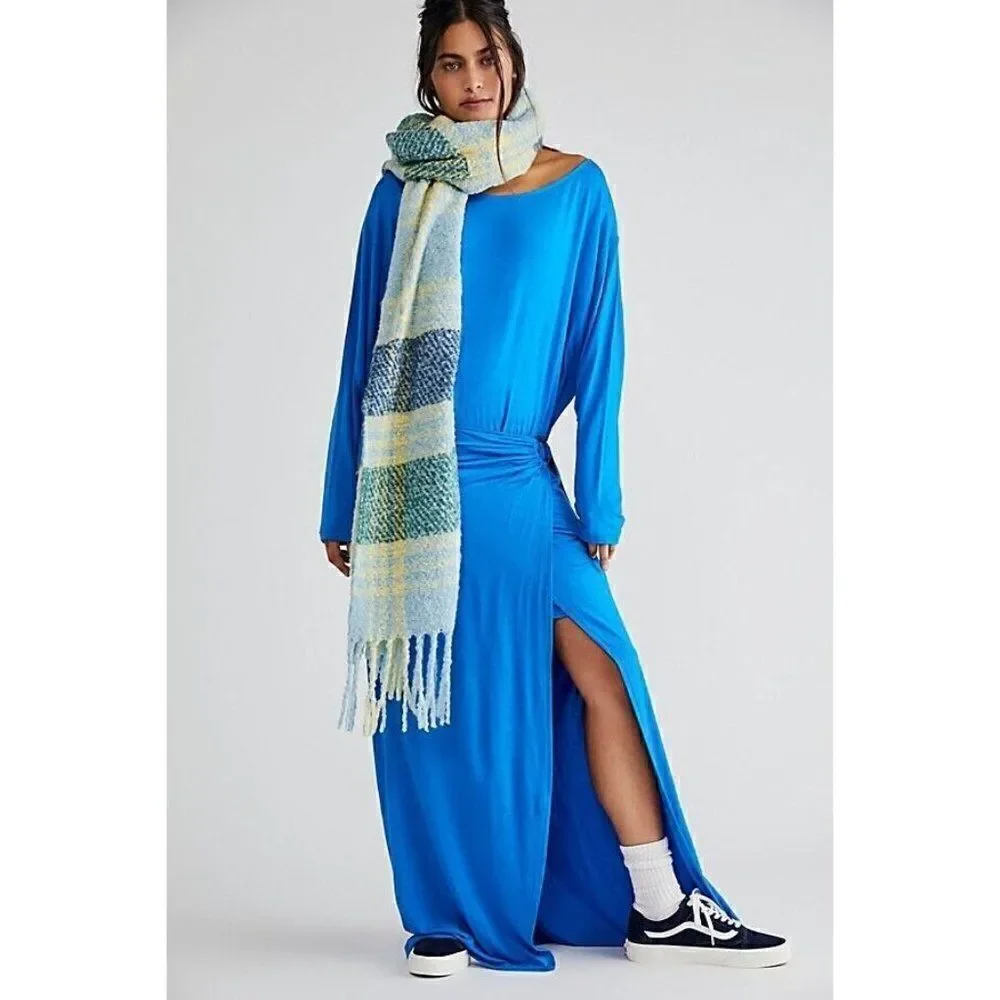 NEW FREE PEOPLE Sz S ALYSSA LONG SLEEVE WRAP DRESS IN BLUE